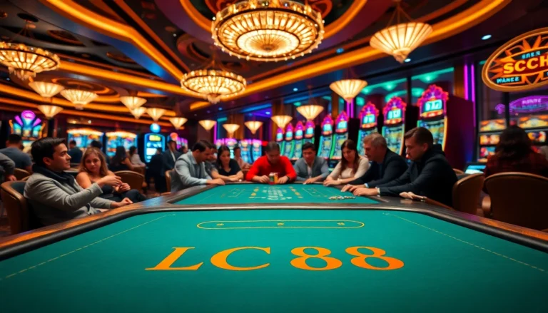 LC88 branded gaming table at a busy casino, showcasing players deep in strategic betting.