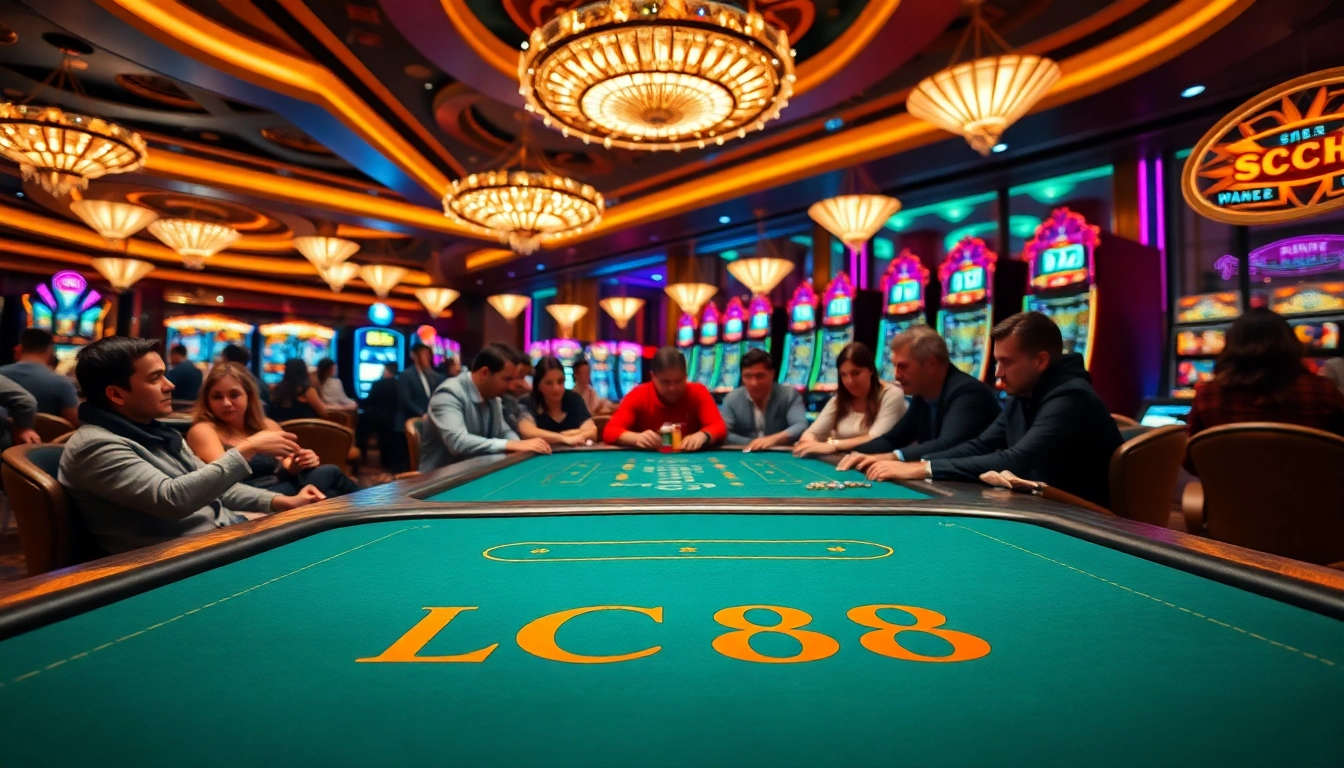 LC88 branded gaming table at a busy casino, showcasing players deep in strategic betting.