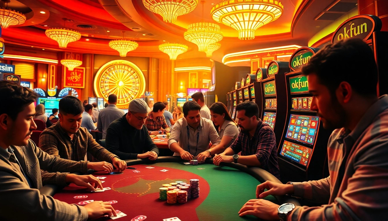 okfun logo displayed on a slot machine within an exciting casino floor scene featuring poker players and vibrant lighting.