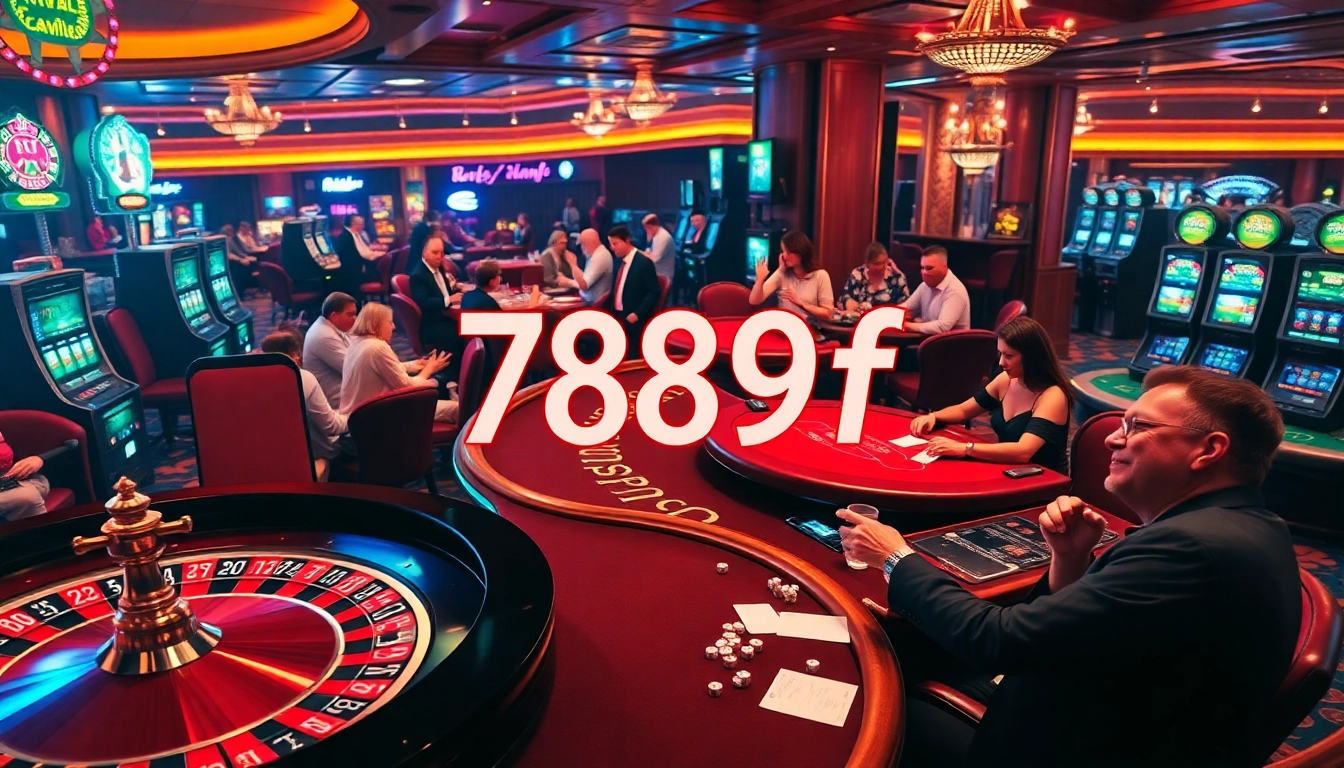 Exciting casino scene showcasing players winning at 789f poker tables and roulette wheels, illuminated by vibrant lights.