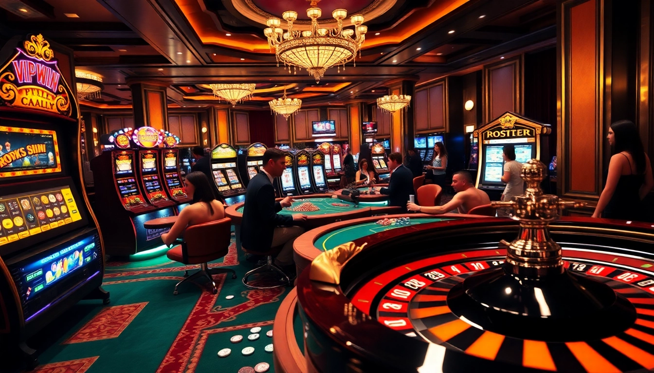 VIPWin gaming experience with vibrant tables and exciting slot machines on a lively casino floor.